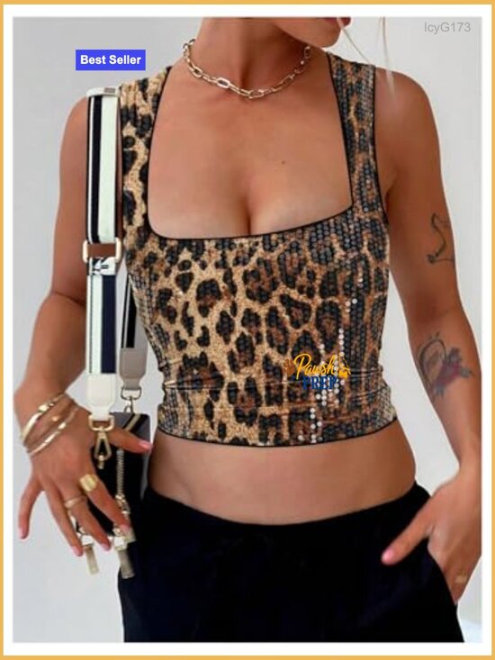 Sequin Leopard Print Square Neck Sleeveless Crop Tank Top Y2K Party Wear - Picture 3 of 5